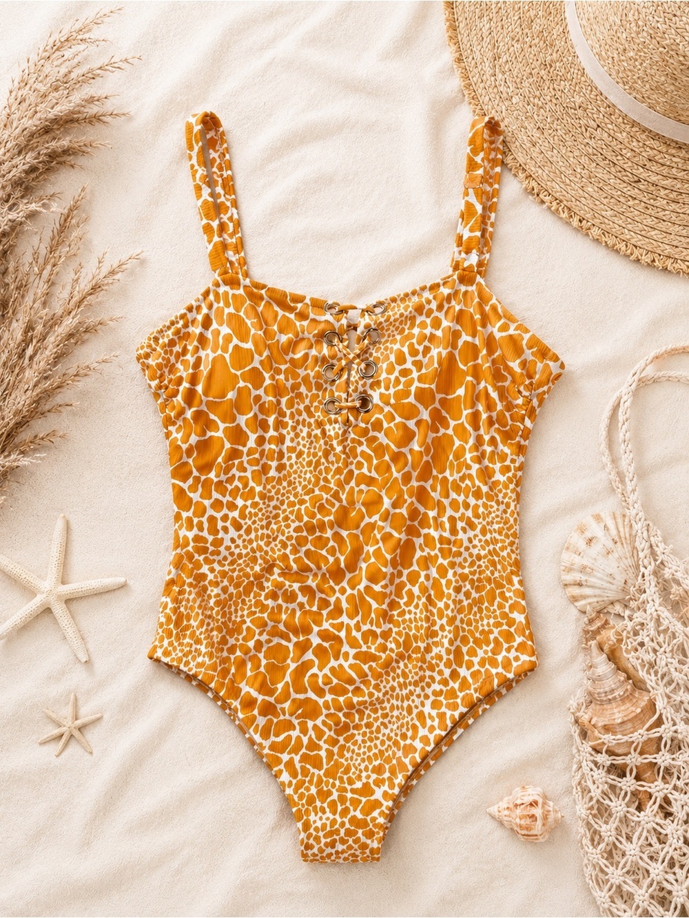 Coastal Waves Animal Print Lace Up Beachcore One Piece Swimsuit Plus Size 2X